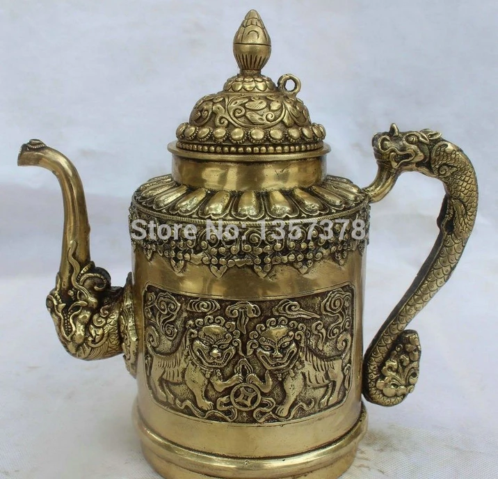 

00613 10" China Chinese Palace Brass Two Lion Ball Dragon Handle Wine Tea Pot Flagon Bronze Statue discount 30% (C0324)