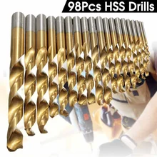 98 шт. HSS сверла набор 1,5-10 мм титановое покрытие поверхности 118 градусов для сверления металла DIY домашнего использования
