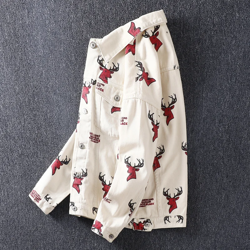 Spring Autumn Fashion Designer Men Jacket Beige Color Deer Printed Casual Denim Jacket Men Coats Streetwear Hip Hop Jacket Women Spring Autumn Fashion Designer Men Jacket Beige Color Deer Printed Casual Denim Jacket Men Coats Streetwear Hip Hop Jacket Women