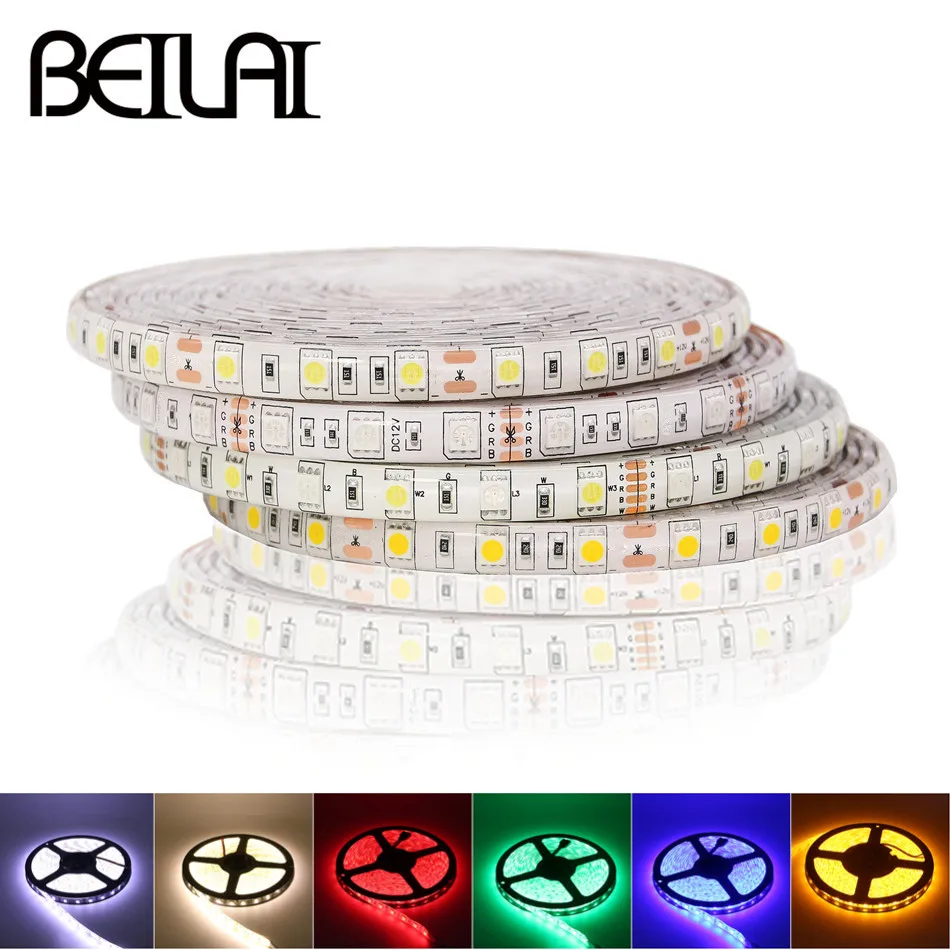 cheap BEILAI SMD 5050 RGB LED Strip Waterproof DC 24V LED Light Strips 5M 300LED 60LED M Flexible Neon Tape Luz Home Lighting