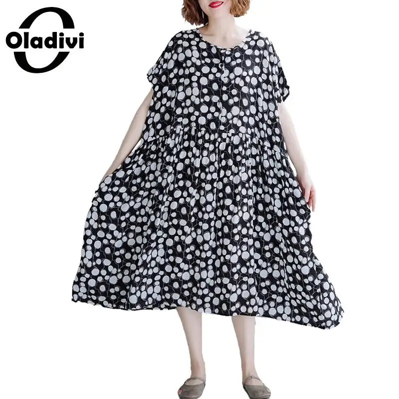 

Oladivi Oversized Clothing Women Fashion Polk Dot Print Short Sleeve Summer Dress 2019 Casual Loose Midi Dresses Female Vestidos
