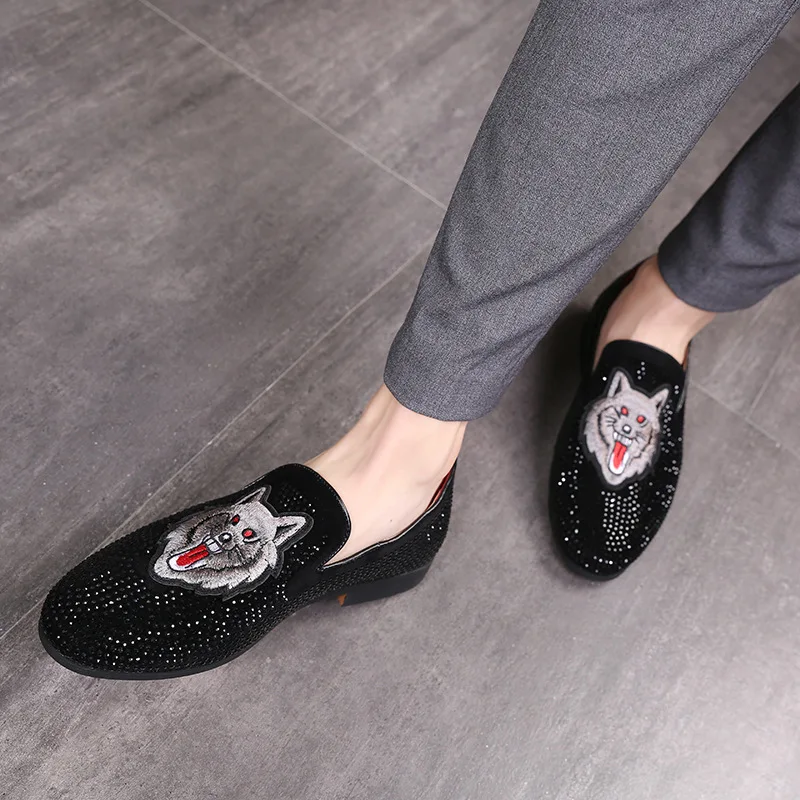 Casuais Bordado Sapatilhas Casamento Mocassins Vestido Couro Designer Moda Apartamentos Do De Sapatos Preto Strass Homens ZIqYw84