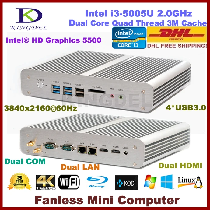 5th Gen. i3 CPU Fanless Home PC, Hotel Computer, 4GB RAM+128GB SSD, 2xHDMI+2*NIC+2*COM, WiFi, Kodi, Windows 7, 3 Year Warranty 