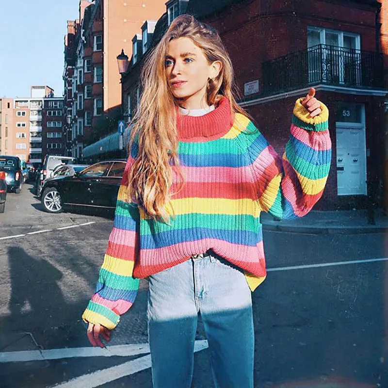 Spring Winter Women Casual Rainbow Turtleneck Sweaters Knitted Clothes Fashion Striped Oversized Pullover Female