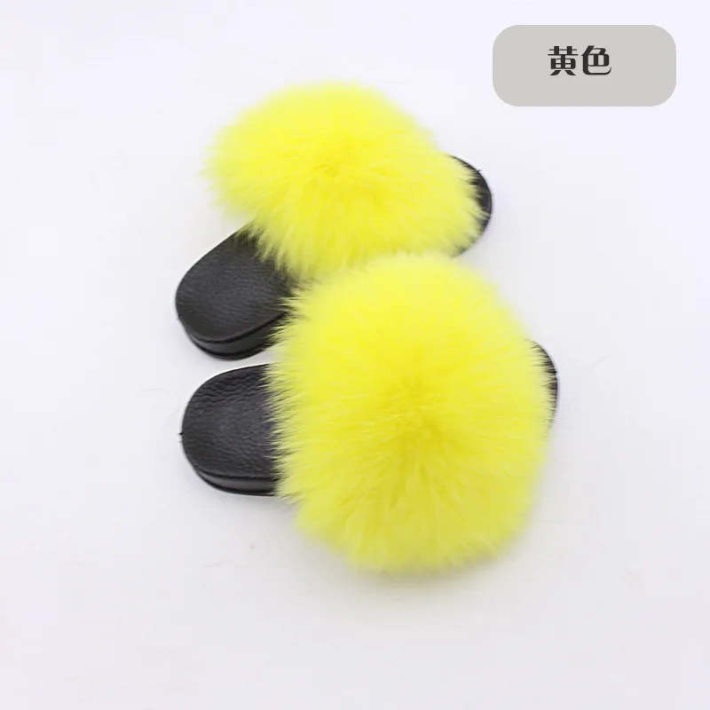 Wholesale Real Fox Slippers Kids Rainbow Neon Color Toldder Fur Child Home Slides Girls Raccoon Super Fluffy Cute Flat Summer