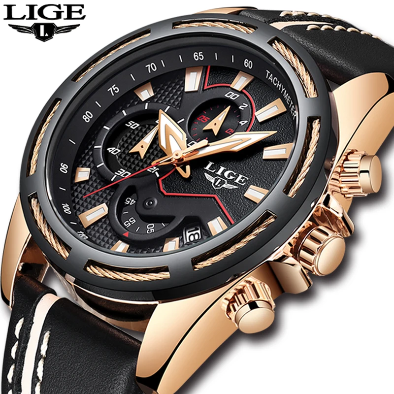 relogio masculino Mens Watches Top Brand Luxury LIGE Men's Waterproof Military Sport Watch Men Casual Leather Quartz Gold Watch