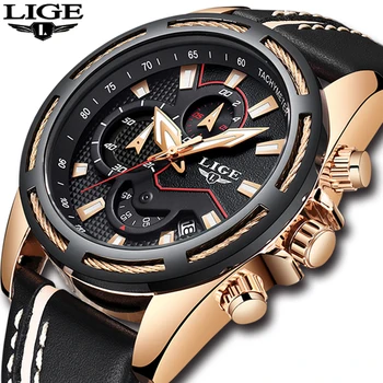 

relogio masculino Mens Watches Top Brand Luxury LIGE Men's Waterproof Military Sport Watch Men Casual Leather Quartz Gold Watch
