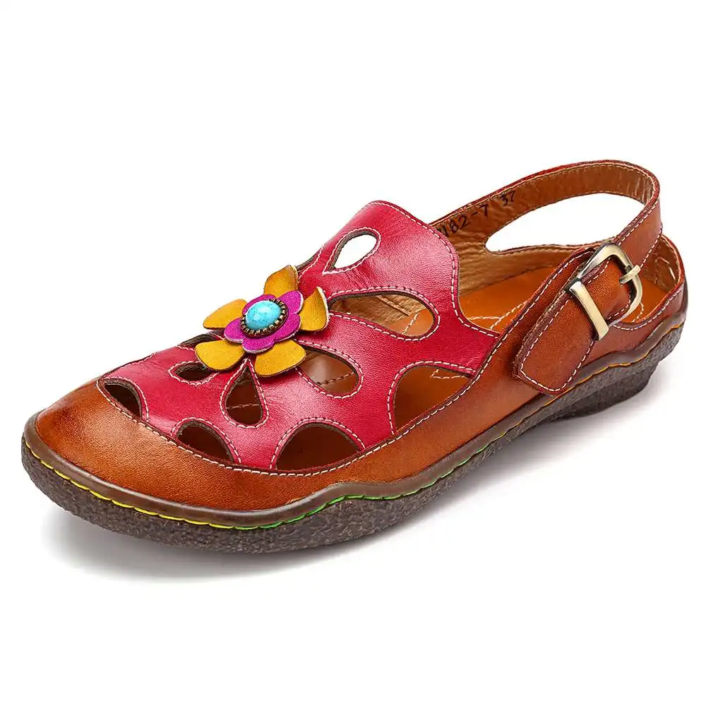 SOCOFY/Повседневные Удобные кожаные сандалии на застежке-липучке с цветочным узором; удобные сандалии; Летняя обувь; кожаная обувь с принтом; Новинка - Цвет: Красный