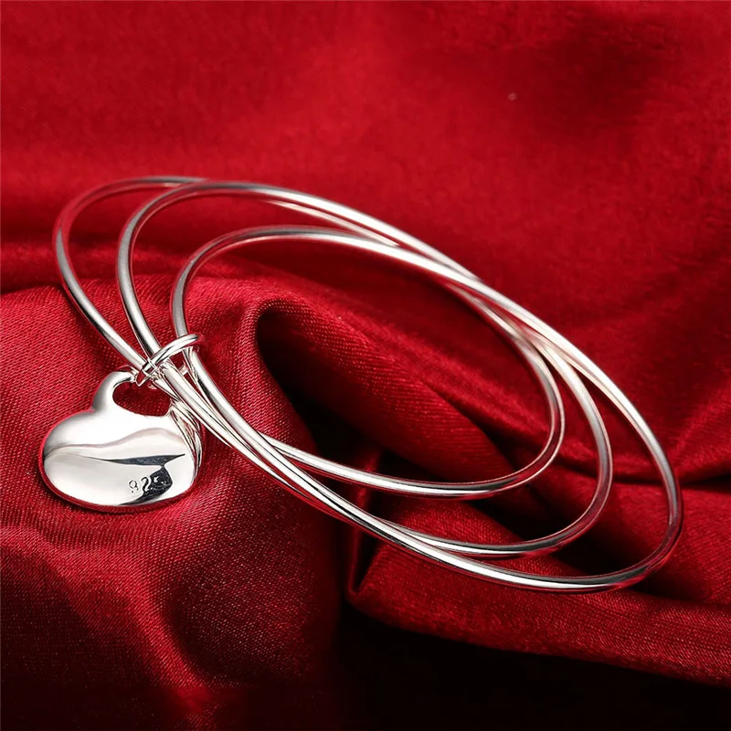 

Silver Heart Bangle Bracelet Jewelry 925 Silver Color Fashion Women Jewelry Three Circle Heart Bangle Christmas Gift Hot Sale