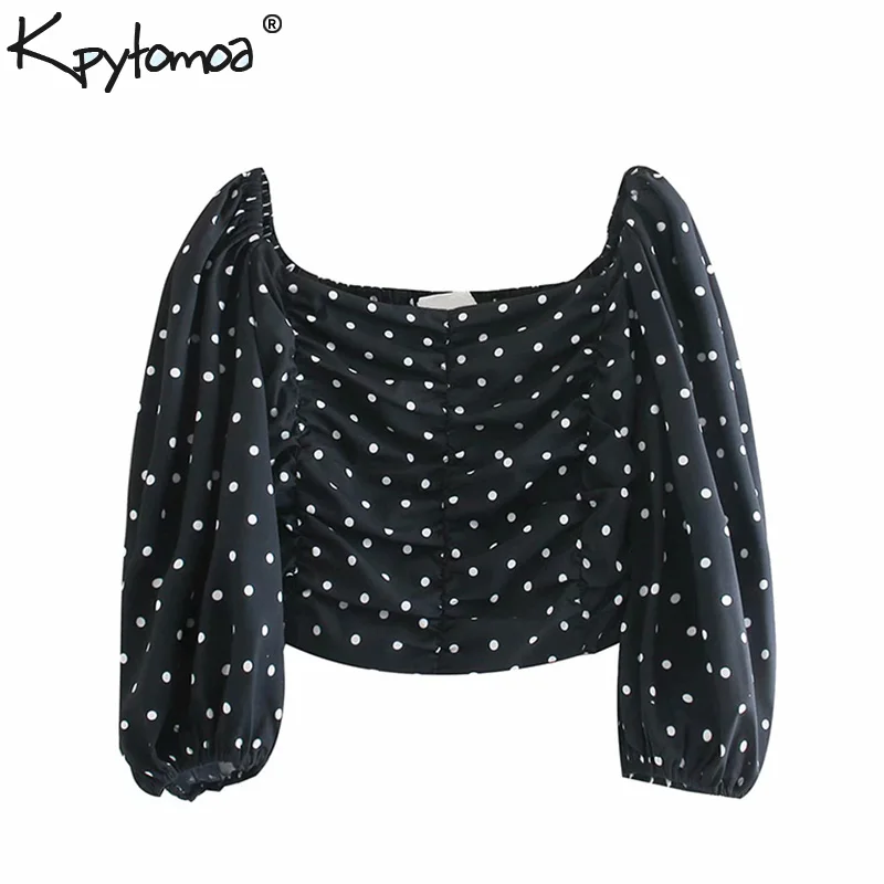 

Vintage Stylish Polka Dot Cropped Tops Women Blouses 2019 Fashion Half Sleeve Elastic Pleated Ladies Shirts Casual Blusas Mujer