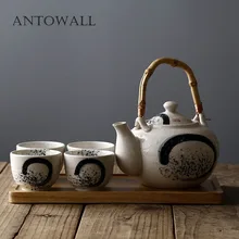 ANTOWALL чайник в китайском стиле, один чайник, четыре чашки, простой керамический чайный набор для офиса и дома, чайный сервиз из дерева акации, чайный поднос, уютный
