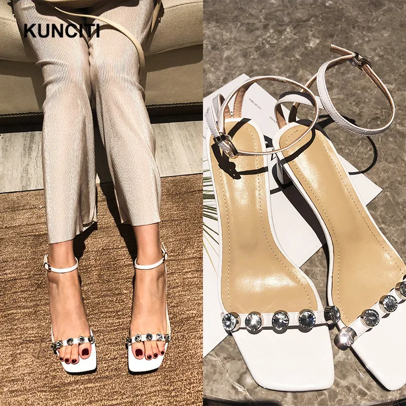 

2019 KUNCITI Rhinestone Wedding Sandals Women Designer High Heel Crystal Shoes Ankle Strap Patent Leather Summer Shoes X9100