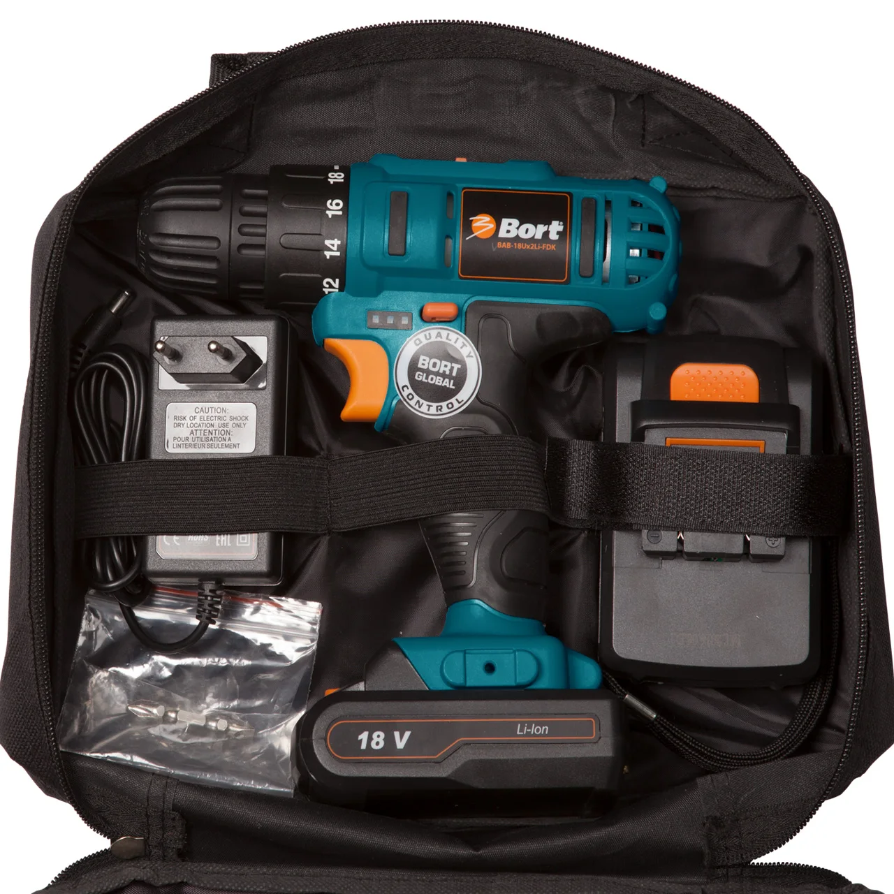 Дрель-шуруповерт аккумуляторная Bort BAB-18Ux2Li-FDK (напряжение 18 В, 2 скорости, 2 аккумулятора, Li-Ion батарея, сумка)