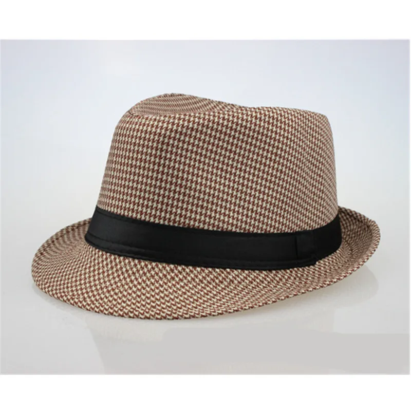 Модная клетчатая фетровая шляпа унисекс с полоской, с коротким бантом и полями, Трилби, джазовые шляпы, шикарные английские Ретро Панамы, кепки для мужчин и женщин
