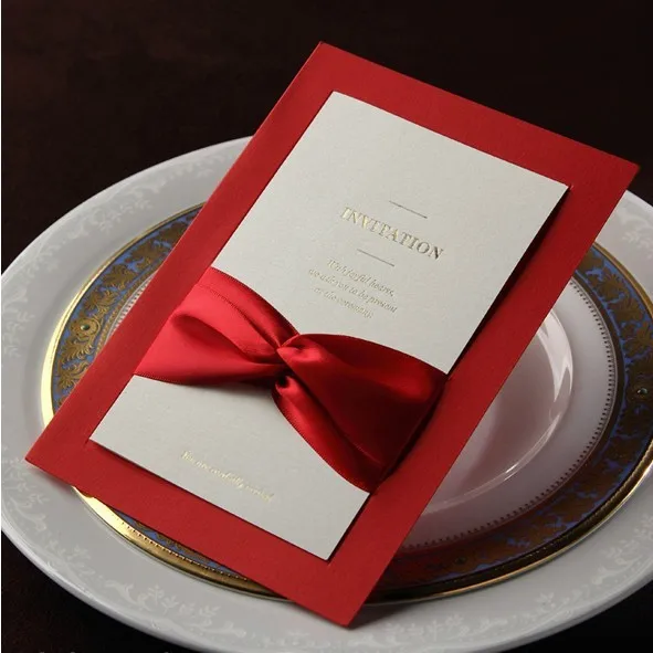 Red Ribbon Personalized Printing Wedding Invitations Cards With ...