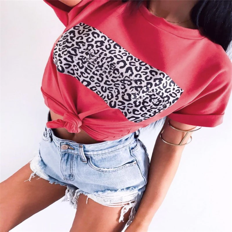 

Women T Shirt Summer Leopard Print Round Neck Tops Short Sleeve T-Shirts Casual Tee Tops T-Shirt Ladies Tops Womens Clothing