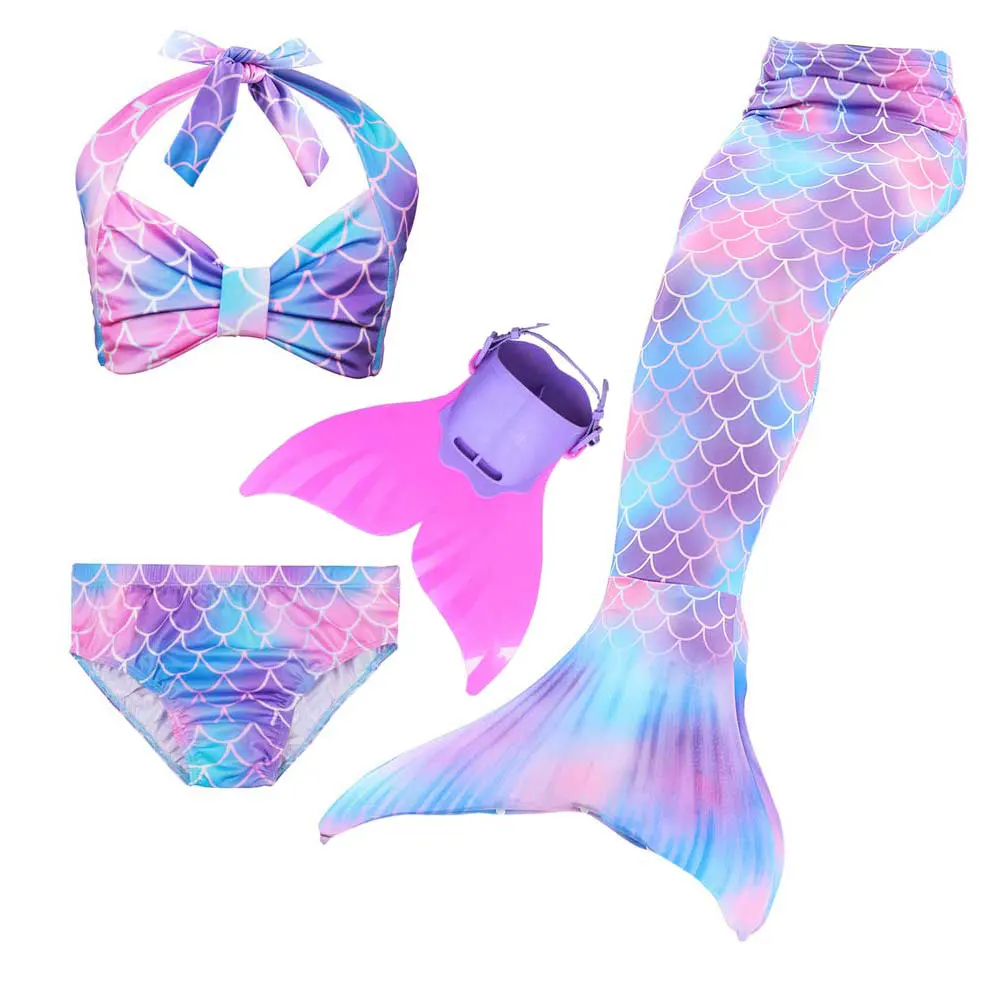 Купальный костюм-бикини для девочек с хвостом русалки для плавания; Детский костюм принцессы Ариэль; Блестящие купальники и ласты - Цвет: 4pcs Mermaid Set 1