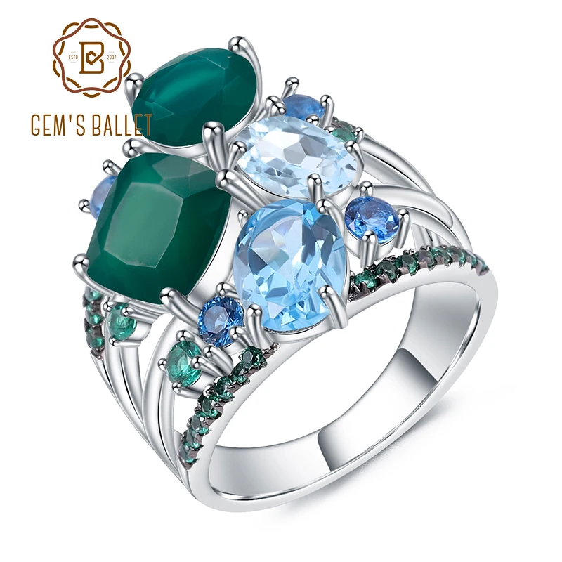 

GEM'S BALLET Real 925 Sterling Silver Stack Gemstones Rings Natural Green Agate Topaz Finger Ring for Women Wedding Fine Jewelry