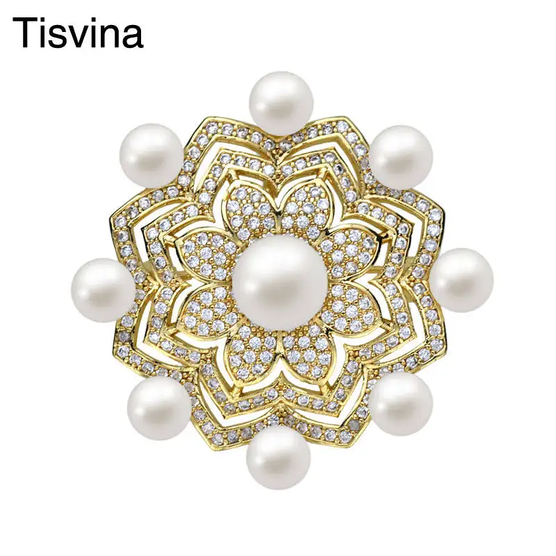 Tisvina новинка золотой цвет жемчуг цветок броши для женщин свадебное ювелирное