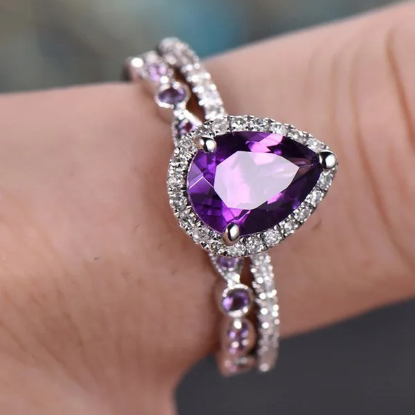 Роскошные обручальные кольца для женщин, огранка в виде капли воды, 1.5ct, прозрачный Фианит, фиолетовые кольца Halo, кольцо для свадьбы, вечеринки, женское ювелирное изделие