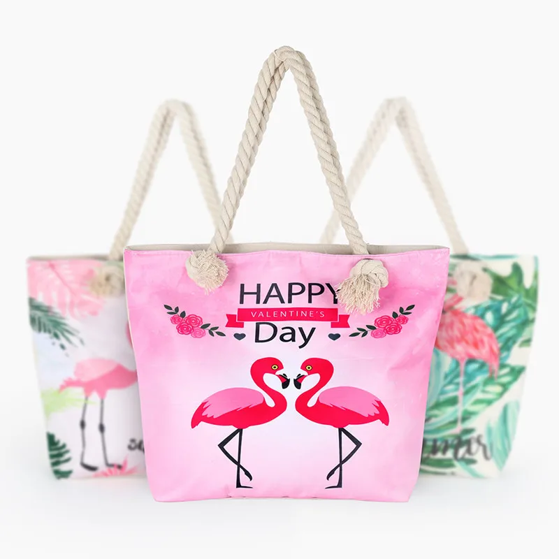 

Hot flamingo print casual bag ladies canvas beach bag high quality female shoulder bag handbag handbag