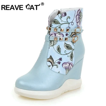 

REAVE CAT Spring Autumn Women Boots Zipper Platform Ankle Bootie high Heels Wedges Shoes Women Botas Mujer A487