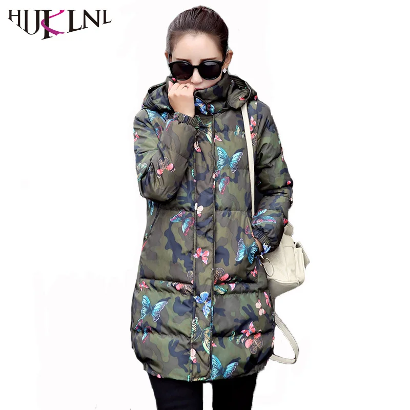 

HIJKLNKL Winter 2017 New Female Long Hooded Jacket Outerwear Camouflage Butterfly Print Cotton Parkas Winter Coat Women WY449