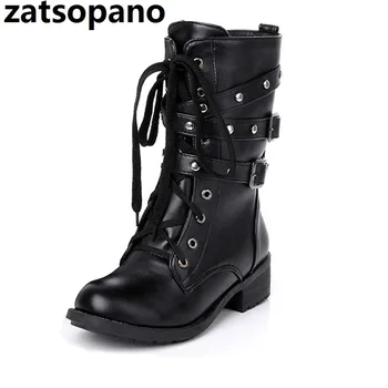

2019 Female Lace Up Rivets Buckle Ankle Short Boots Ladies Fashion Thick Heel Platform High Quality Leather Autumn Shoes
