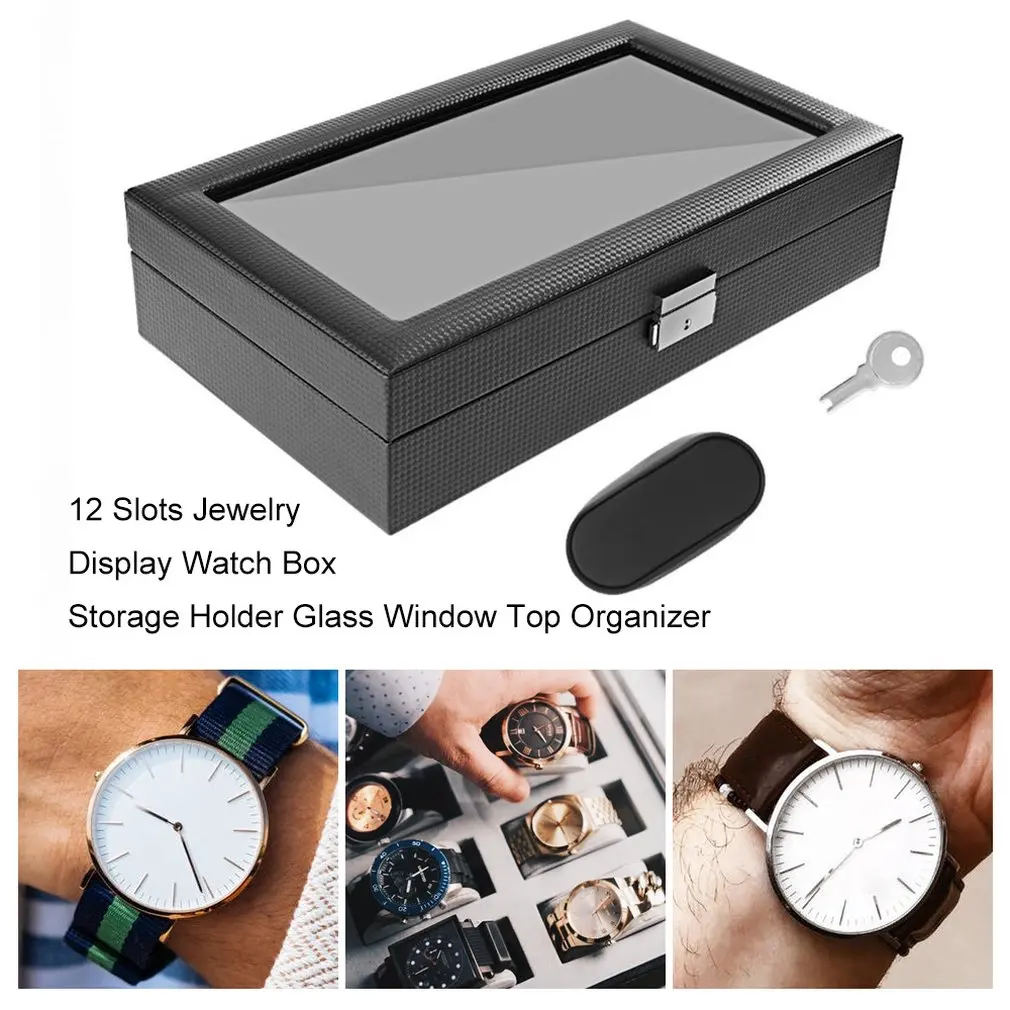 Black High Grade 12 Slots Luxury Jewelry Display Watch Box Storage Holder Large Glass Window Top 2
