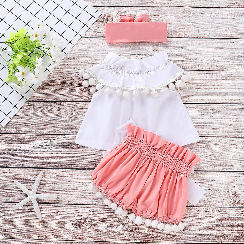 

MUQGEW Baby Summer Sleeveless Frill Tank Top Solid Color Top + Floral Print Pants + Hair Strap Three Piece Set #p35US