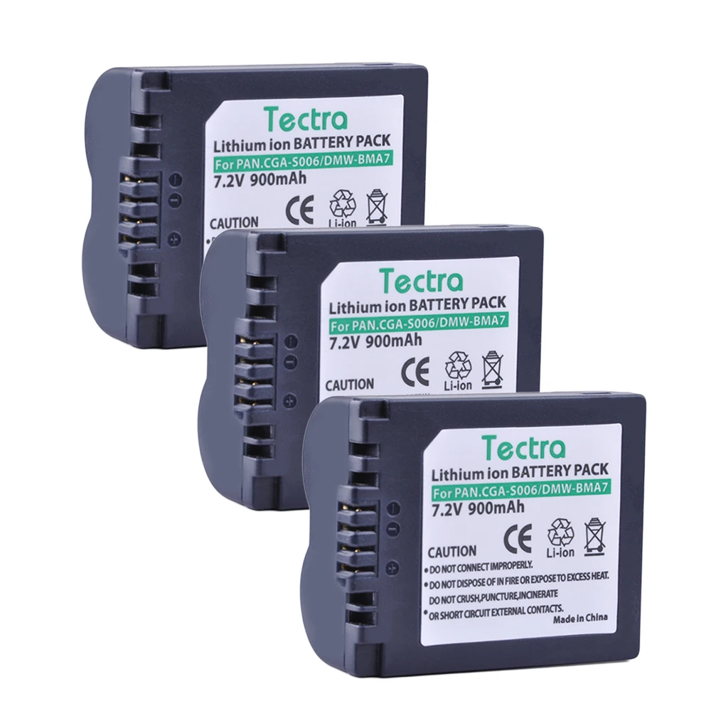 Tectra 3 шт. DMW-BMA7 CGA-S006 S006 S006A CGR-S006E Li-Ion Батарея для цифрового фотоаппарата Panasonic Lumix DMC-FZ7 FZ8 FZ18 FZ28 FZ30 FZ35 FZ38 FZ50