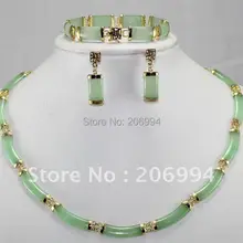 Модные ювелирные изделия натуральный зеленый камень ожерелье серьги браслет набор#0385