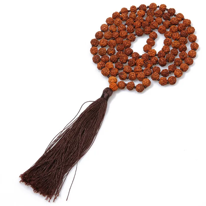 Brown Tassel Классическое ожерелье с длинными кисточками для мужчин или женщин, бусы Будды, 108, натуральная рудракша ожерелье с узелками для молитва йоги, медитации - Окраска металла: Brown Tassel