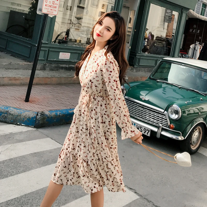 

Vintage V-neck Floral Print Chiffon Dress Women Spring High Elastic Waist A-line Female Midi Dress Vestidos 2019 High Quality