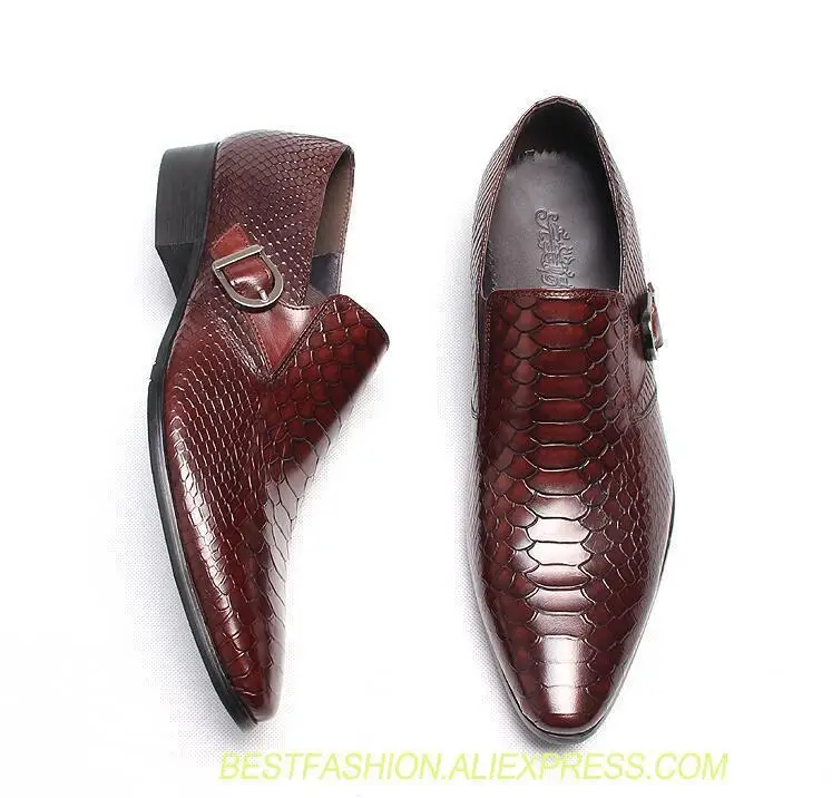 

Men's dress shoes genuine leather slip on pointed toes snakeskin buckle strap smart casual shoes groom wedding red oxfords