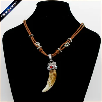 

Vintage Women Men Tibet Jewelry Amulet Real Brown Wolf Teeth Fangs Canine Pendant Surfer Rope Chain Necklace Adjustable NG015