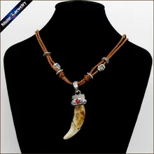 Vintage Women Men Tibet Jewelry Amulet Real Brown Wolf Teeth Fangs Canine Pendant Surfer Rope Chain Necklace Adjustable NG015