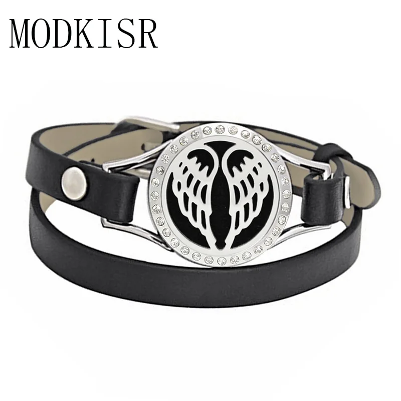 

MODKISR Wholesale Feather Zircon Stainless Steel Leather Aromatherapy Bracelet Locket Twist Bracelet to send 5 color pad NY06