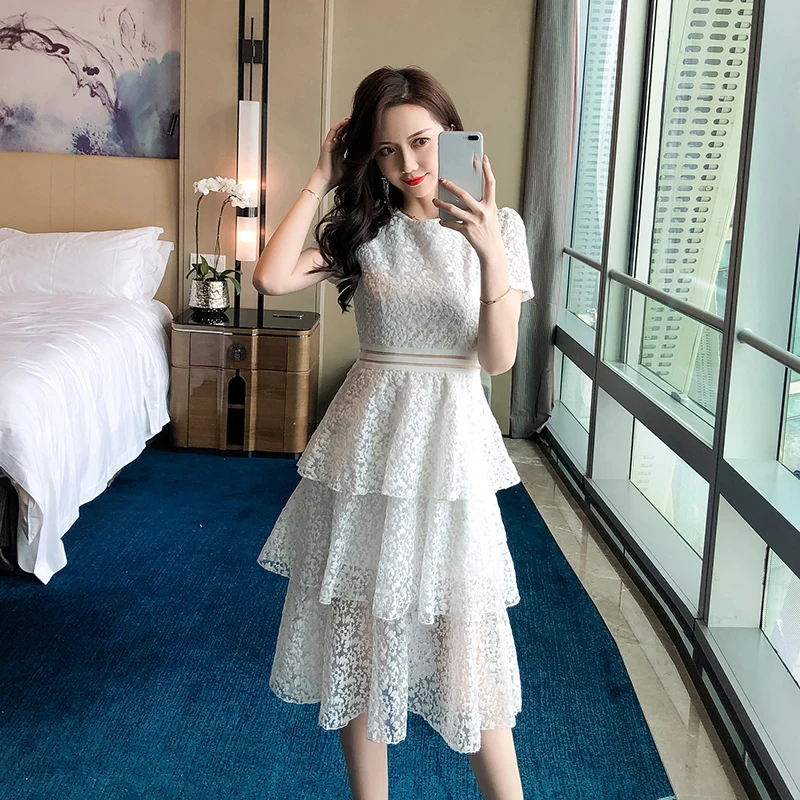 

2019 Summer Party Dress Women Fashion Korean organza lace embroidery dresses female o-neck short sleeve high waist cake dress