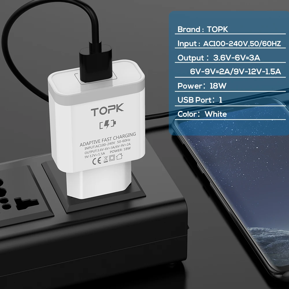 TOPK B126Q 18W Quick Charge 3.0 Fast Mobile Phone Charger EU Plug Wall USB Charger Adapter for iPhone Samsung Xiaomi Huawei TOPK B126Q 18W Quick Charge 3.0 Fast Mobile Phone Charger EU Plug Wall USB Charger Adapter for iPhone Samsung Xiaomi Huawei