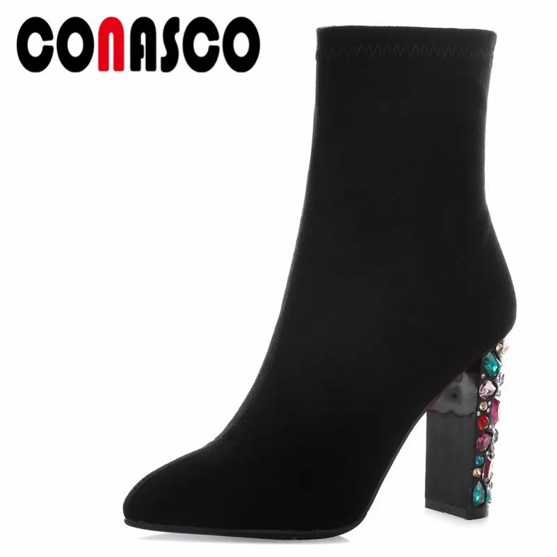 

CONASCO Fashion Women Ankle Boots Autumn Winter Warm High Heels Shoes Woman Round Toe Rhinestone Zipper Party Prom Dancing Pumps
