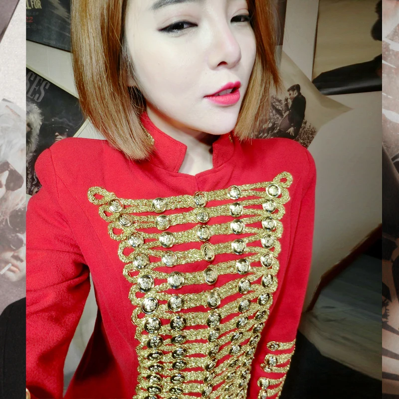 Womens Vintage Military Coat Double Breasted Wool Blend Jacket Outwear Slim Fit Red Gold D9