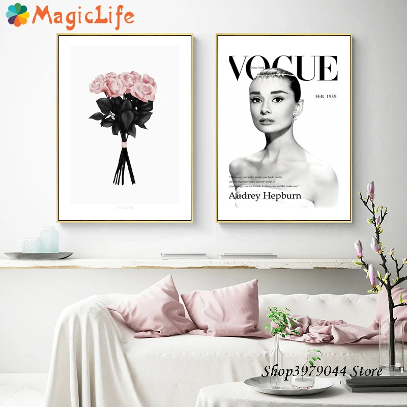 

Audrey Hepburn Canvas Painting Pink Flower Art Wall Pictures Canvas Painting Decor Wall Art Nordic Posters Unframed