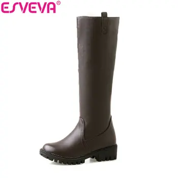 

ESVEVA 2018 Women Boots Zipper Platform 2cm Warm Fur Knee-high Boots Square Med Heels Western Style Round Toe Boots Size 34-43
