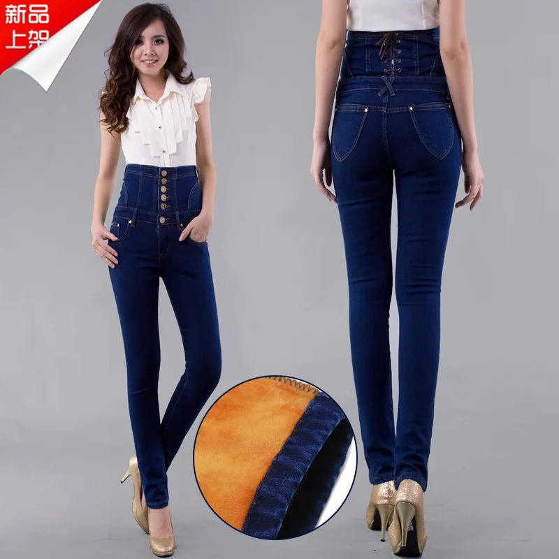 2016 Plus Size 6XL Velvet Winter and Autumn Womens High Waisted Jeans Female Denim Warm Pants