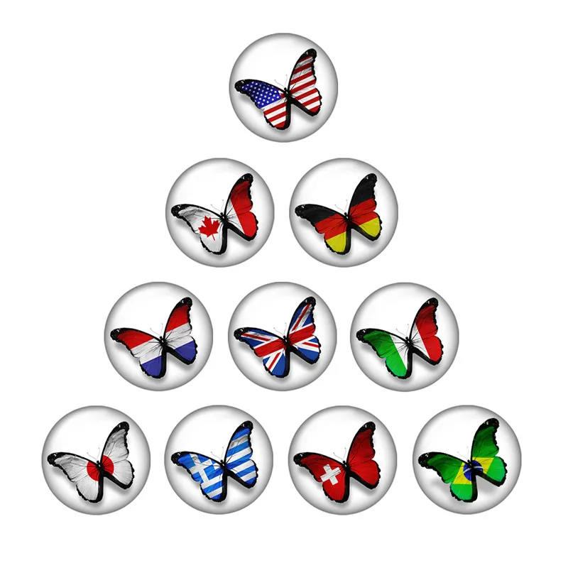 

Fashion nation flag butterfly 10pcs mixed 12mm/18mm Round photo glass cabochon snap buttons for snap jewelry wholesale ZB0263