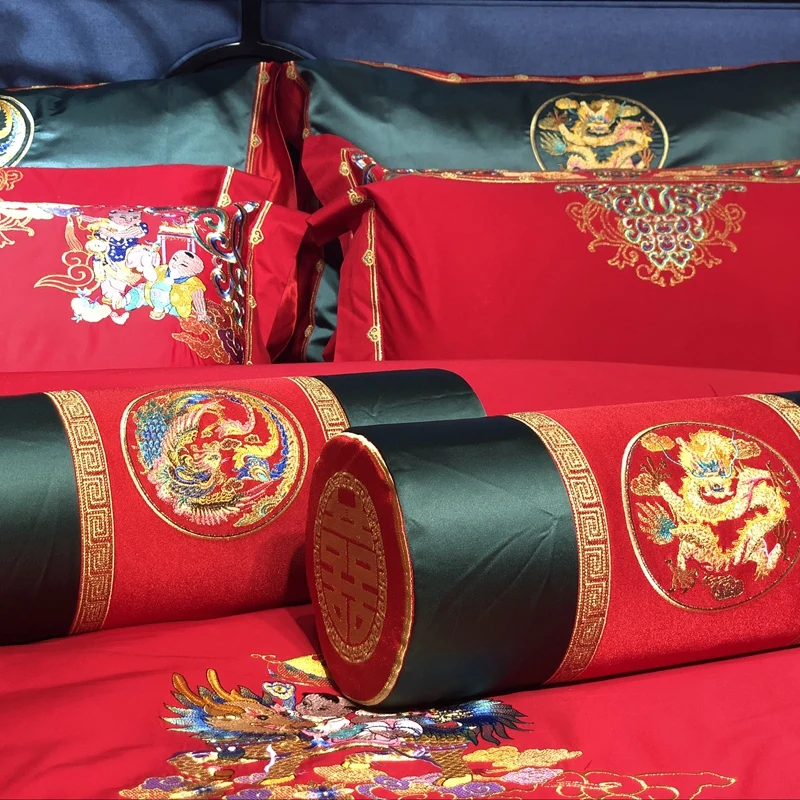 Новый китайский Стиль Роскошные Красные Свадебные Постельное белье из египетского хлопка комплект классическая вышивка пододеяльник