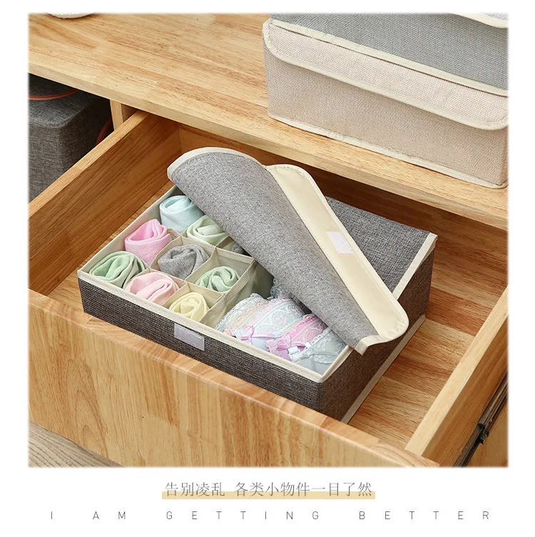 Cotton linen underwear receipt box multi-lattice foldable bra finishing with covered socks storage box underwear organizer