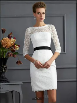 

2017 new arrival short petite girls sheath/column wedding dress sexy 3/4 sleeve sheer back sexy cheap bride gowns on sale