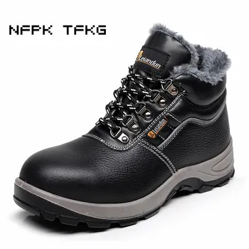 

large size 45 46 mens casual steel toe caps work safety warm cotton shoes outdoor cow leather winter snow ankle security boots